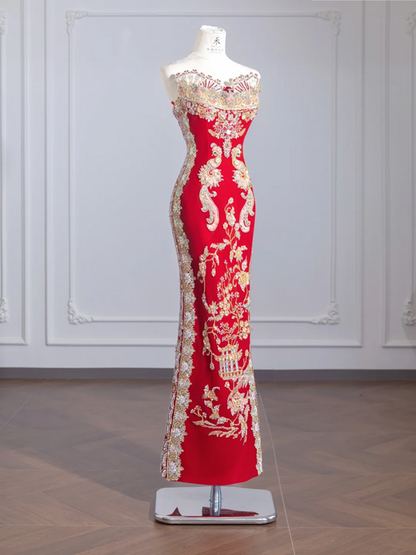 Red, heavy-duty strapless, fitted waist, vintage embroidered long ball gown/bridal dress R8254