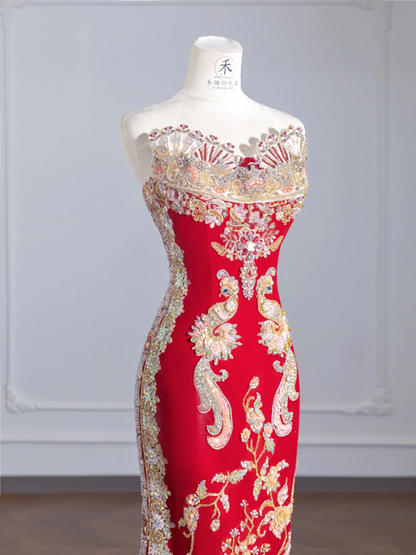 Red, heavy-duty strapless, fitted waist, vintage embroidered long ball gown/bridal dress R8254