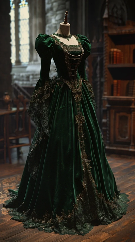 Green square neckline, fitted waist, elegant retro long ball gown R7206