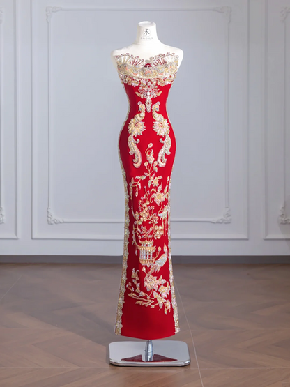 Red, heavy-duty strapless, fitted waist, vintage embroidered long ball gown/bridal dress R8254