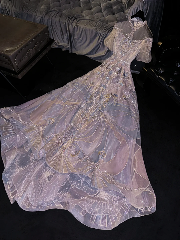 Light purple round neck fitted waist long ball gown/bridal dress R8740