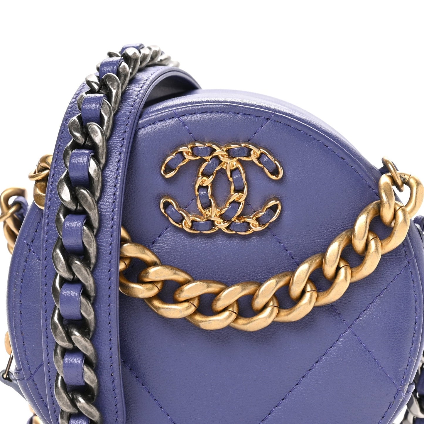 Lambskin Quilted Chanel 19 Round Clutch With Chain Purple