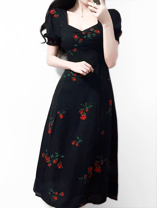 2025 Summer New French Retro Square Neck Black Floral Puff Sleeve Dress R0908