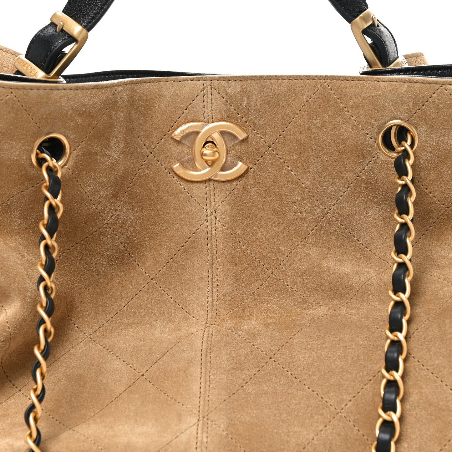 Suede Shiny Lambskin Quilted Large Shopping Bag Beige Black