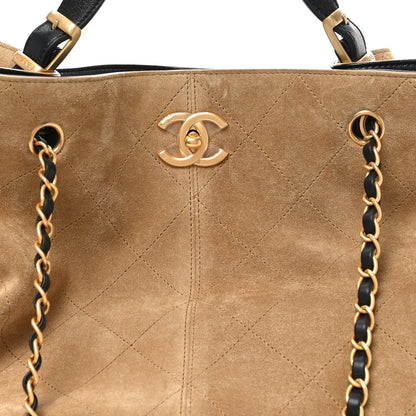 Suede Shiny Lambskin Quilted Large Shopping Bag Beige Black