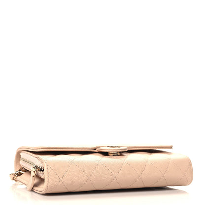 Caviar Quilted Phone Holder Wallet on Removable Chain Light Beige