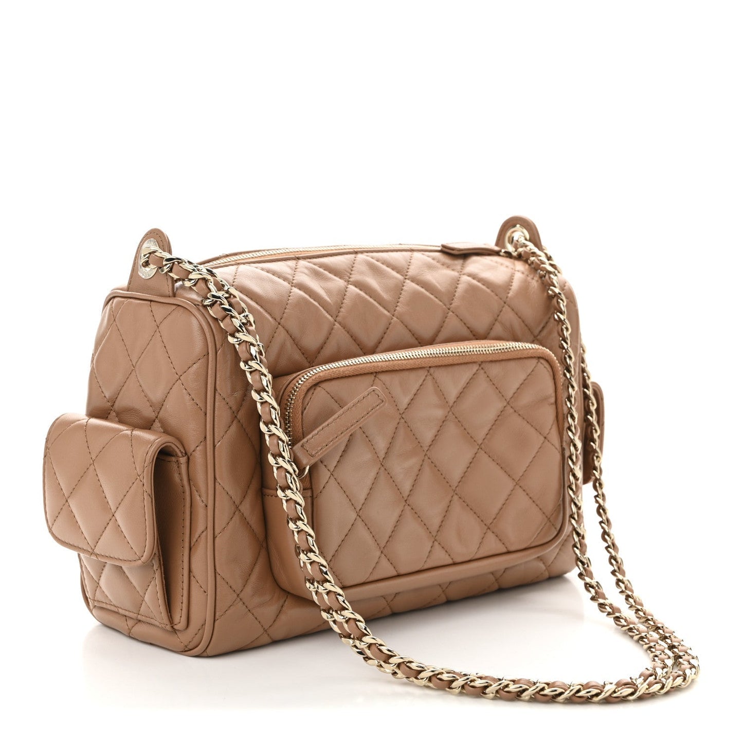 Shiny Crumpled Lambskin Quilted Medium Preppy Pocket Camera Case Brown