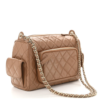 Shiny Crumpled Lambskin Quilted Medium Preppy Pocket Camera Case Brown