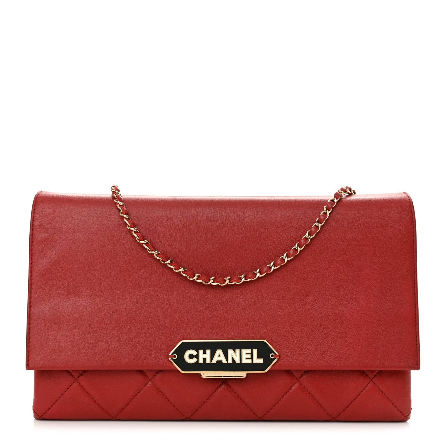 Lambskin Quilted Retro Label Clutch Red