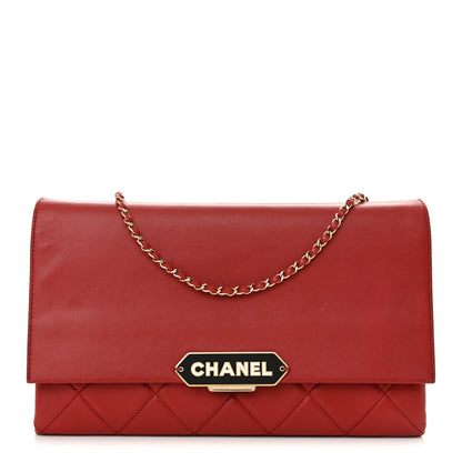 Lambskin Quilted Retro Label Clutch Red
