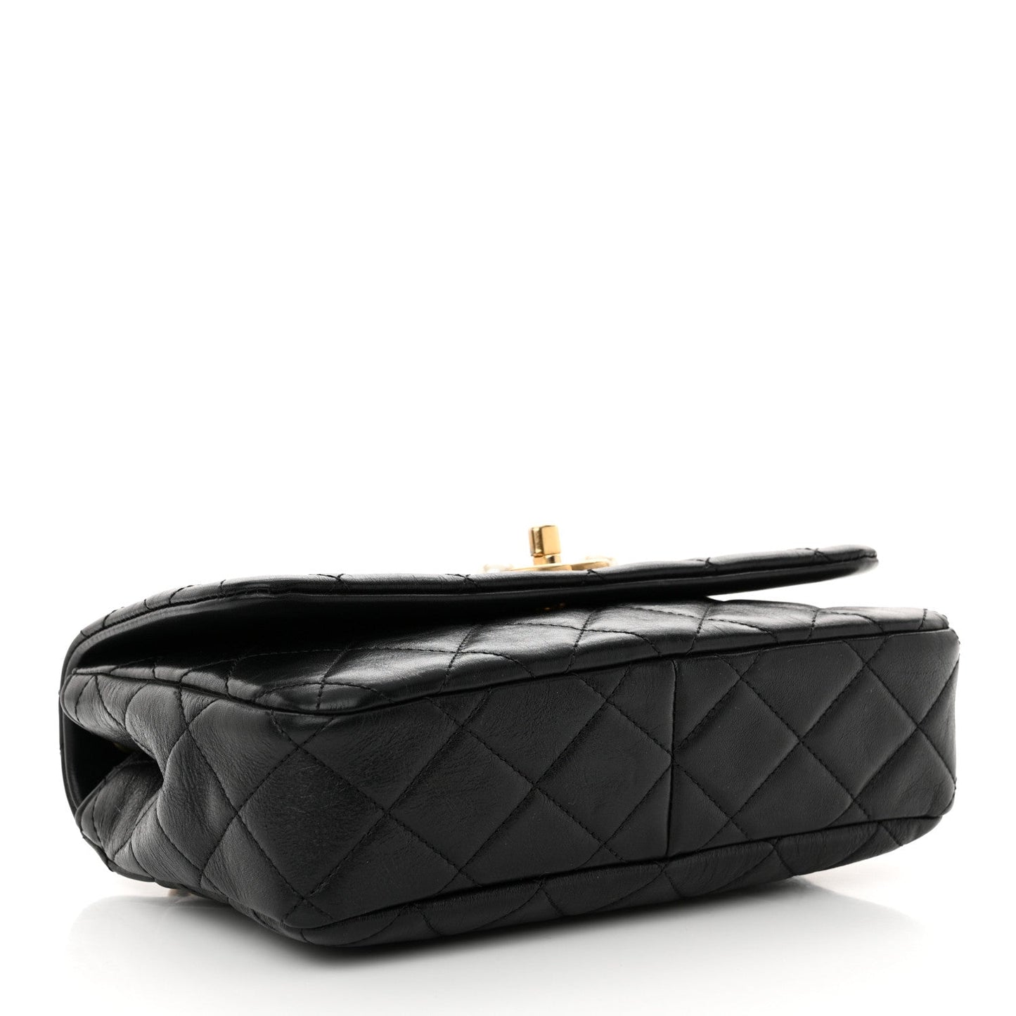 Glazed Calfskin Quilted Pearl Side Flap Black