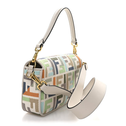 Canvas Vitello Seta FF Multicolor Embroidered Baguette Grezzo Multicolor Latte