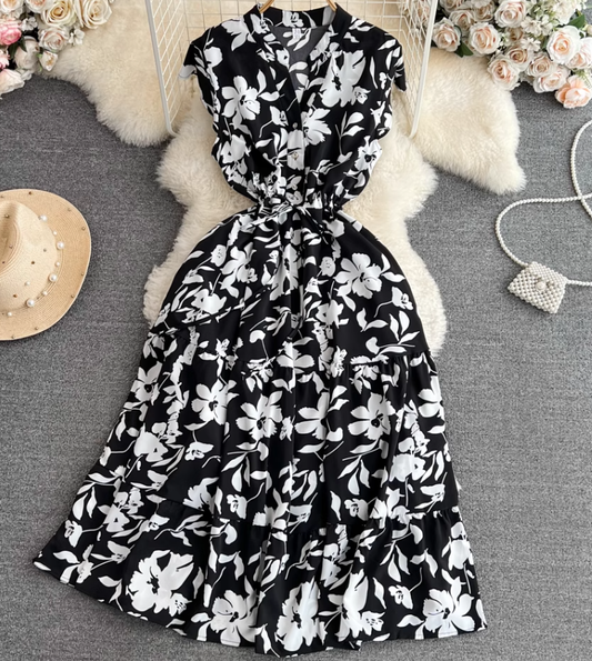High-end, light luxury temperament flying sleeves V-neck waist slimming A-line ruffled printed dress R0353