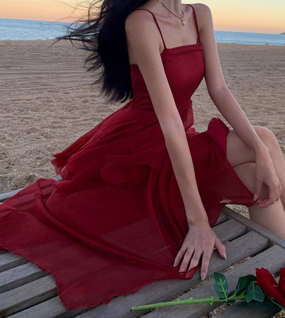 Fairy dress red beach dress vacation travel wear high waist irregular suspender skirt R1581