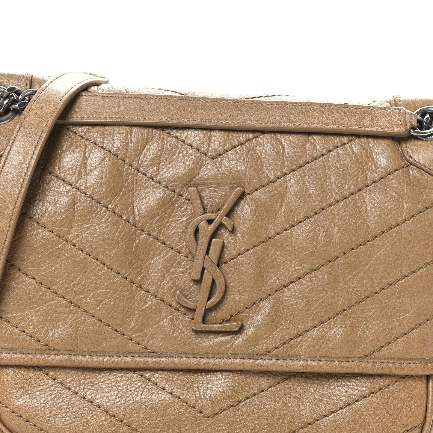 Crinkled Calfskin Matelasse Monogram Medium Niki Chain Satchel Caramel
