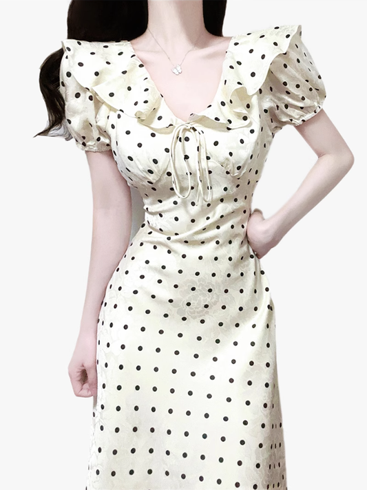 2025 Summer New French Gentle Style Polka Dot Puff Sleeves Ruffled V-Neck Dress R0912