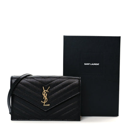 Grain De Poudre Matelasse Chevron Monogram Envelope Chain Wallet Black