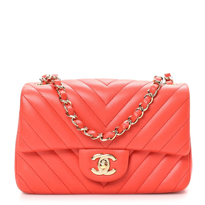 Lambskin Chevron Quilted Mini Rectangular Flap Red