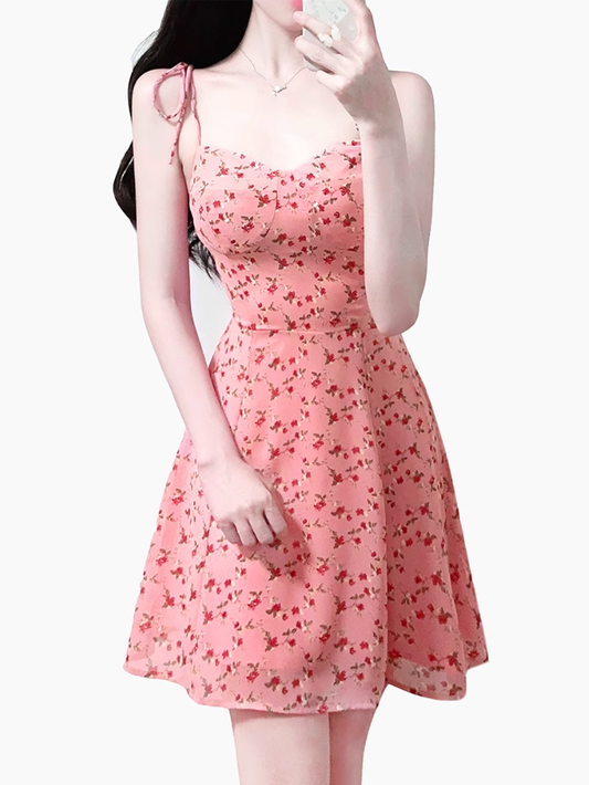 2025 Summer New Pink Floral Tube Top Lace-up Seaside Holiday Suspender Dress R0959