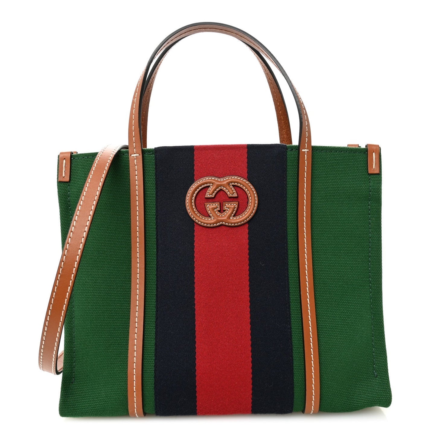 Canvas Calfskin Web Small Interlocking G Tote Bag Green Red