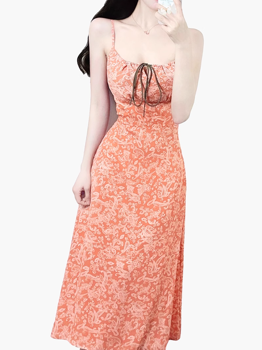 2025 Summer New Retro Cashew Printed Backless French Long Suspender Dress R0967