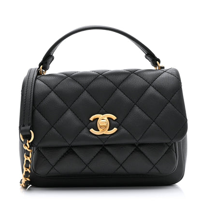 Calfskin Quilted Top Handle Flap Black