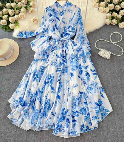 French elegant dress spring dress with bow tie collar slim fit long swing chiffon holiday dress R0351