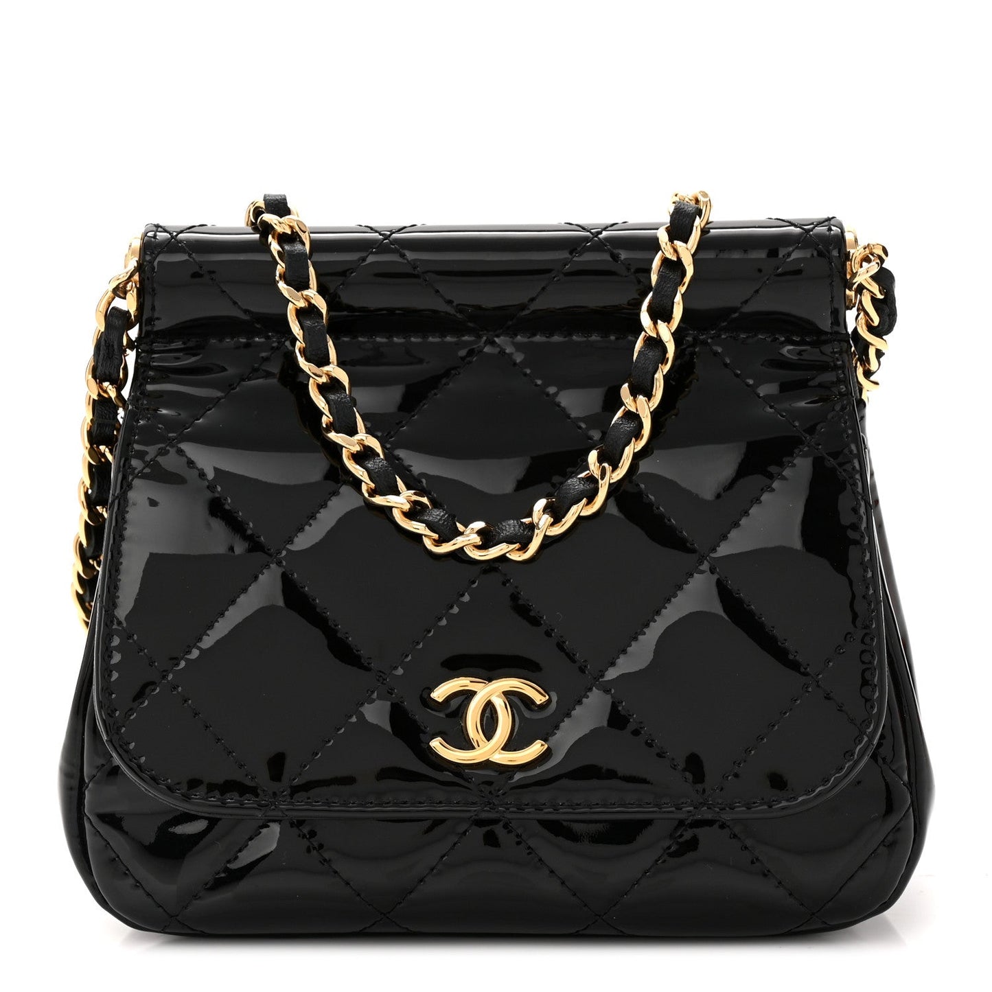 Patent Quilted Frame Clutch Flap With Chain Black