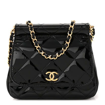Patent Quilted Frame Clutch Flap With Chain Black