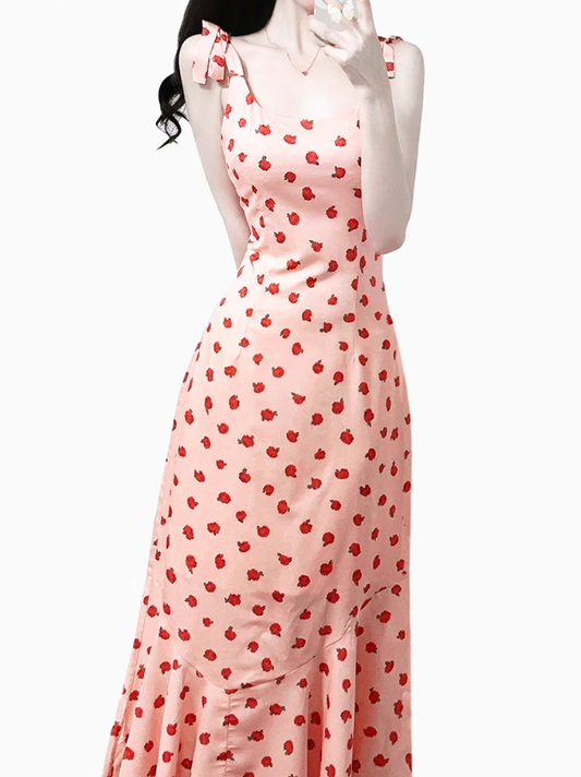 2025 Summer New Pink Floral Rose French Fishtail Long Suspender Dress R0956