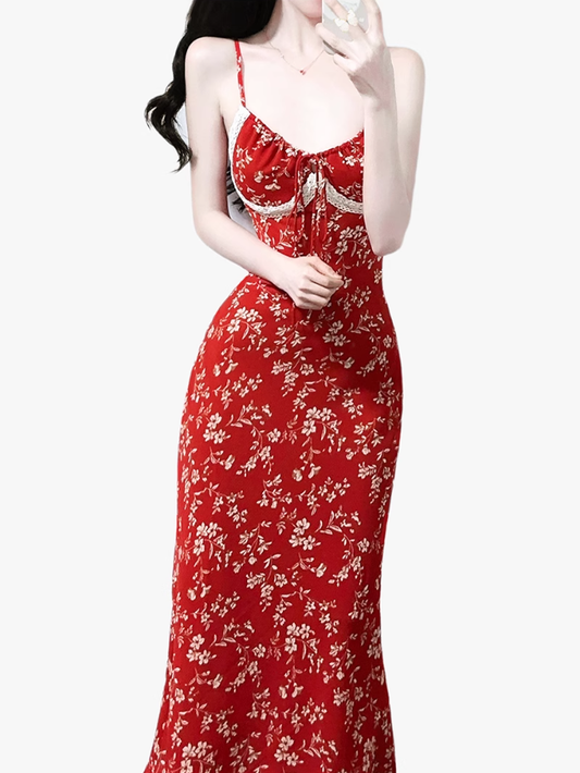 2025 Summer New Red Floral Sexy V-neck Mid-length Holiday Suspender Dress R0919