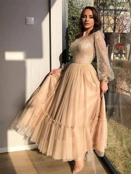 A-Line Evening Gown Elegant Dress Wedding Guest Prom Floor Length Long Sleeve Jewel Neck Tulle with Glitter Pearls Sequin 2026