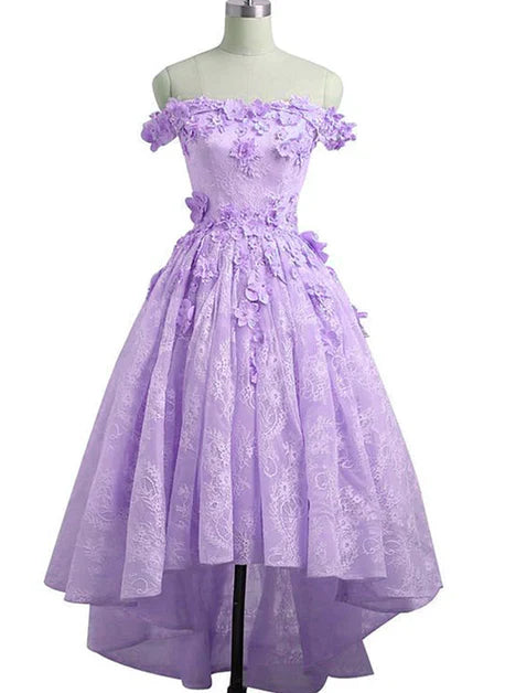 A-Line Adorable Lace Off the Shoulder High Low Cute Sweetheart Homecoming Dress