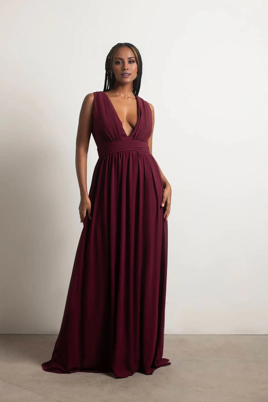 A-line deep V-neck sleeveless backless and floor length Prom dress