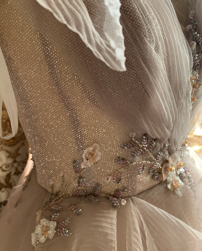 Charming Spaghetti Straps Light Pink V Neck Tulle Beaded Ball Gown Formal Long Birthday Party Dress