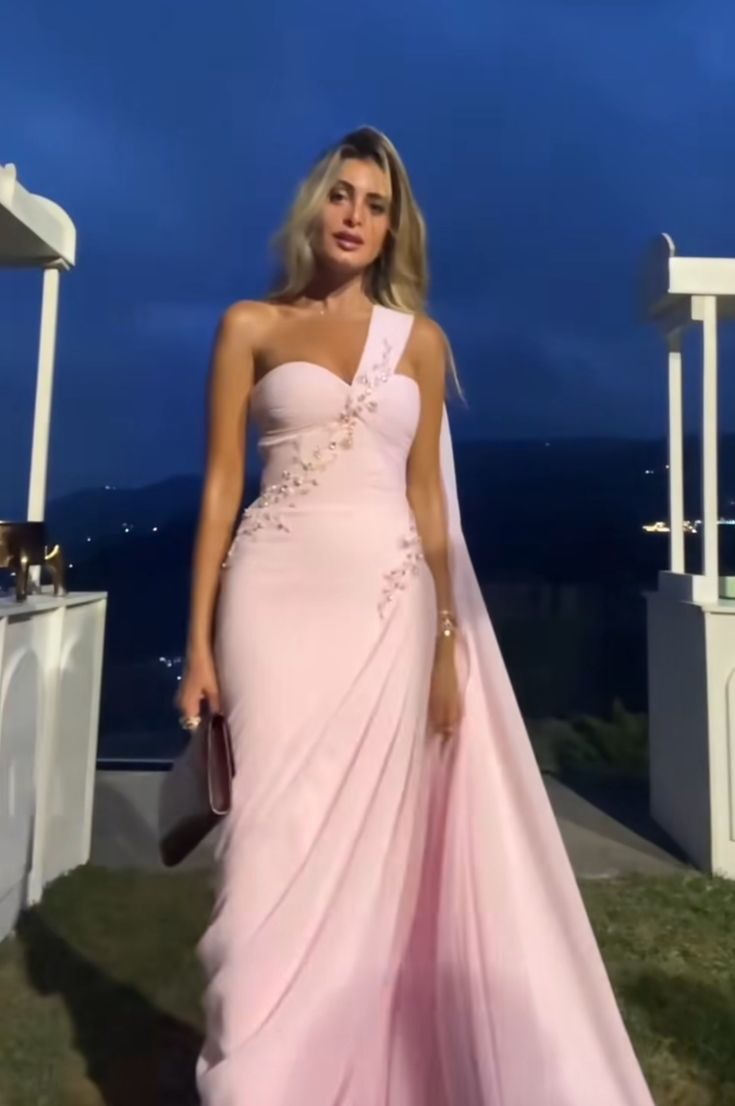 Pretty One Shoulder Pink Chiffon Beaded Prom Gown Long Wedding Guest Dress