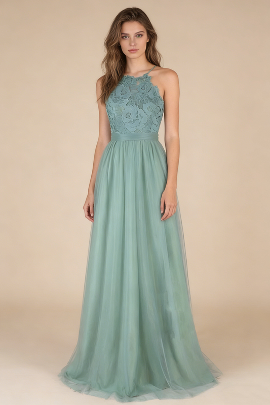 A Line Prom Dress Backless Green Tulle Formal Graduation Evening Dresses M3047