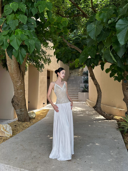 Unique Apricot Spaghetti Straps V Neck Lace Satin A Line Long Evening Dress Party Gown