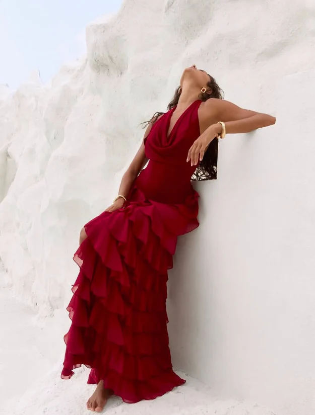 Alluring Mermaid Halter Cowl Open Back Floor-Length Ruffled Evening Dress