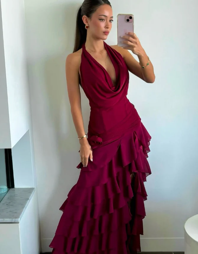 Alluring Mermaid Halter Cowl Open Back Floor-Length Ruffled Evening Dress