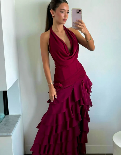 Alluring Mermaid Halter Cowl Open Back Floor-Length Ruffled Evening Dress