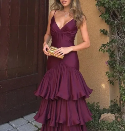 Classy Spaghetti Straps Burgundy Satin Layered Mermaid Evening Dress Long Wedding Guest Dress SP1304