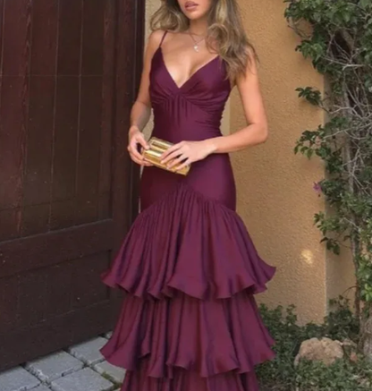 Classy Spaghetti Straps Burgundy Satin Layered Mermaid Evening Dress Long Wedding Guest Dress SP1304