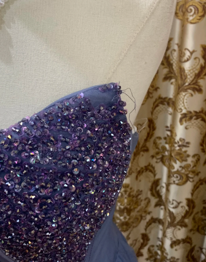 Classy Blue Strapless Tulle Sequin Beaded A Line Long Birthday Party Dress Evening Dress SP1610