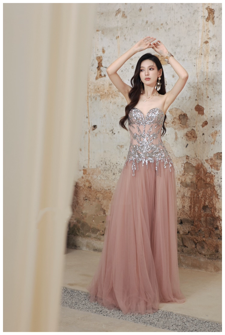 Pretty Pink Sweetheart Neck Tulle Sequin A Line Slit Long Evening Dress Party Gown