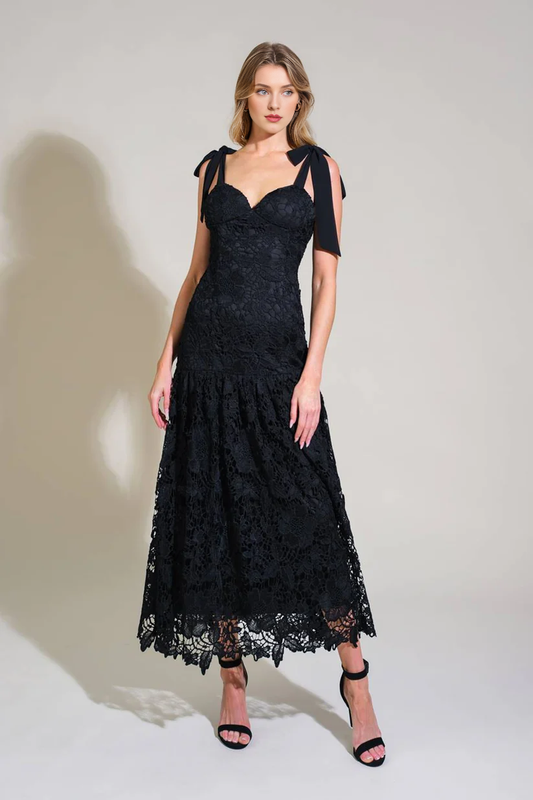 Lace mid length chicken neckline bow shoulder strap dress