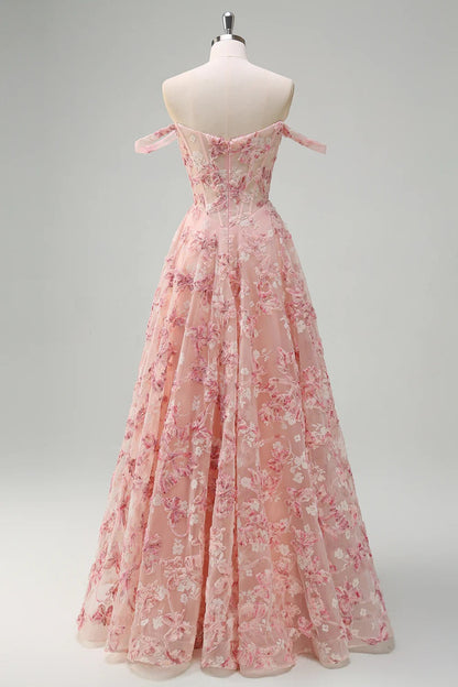 Blush Pink Off-the-Shoulder 3D Floral Embroidered Tulle Gown