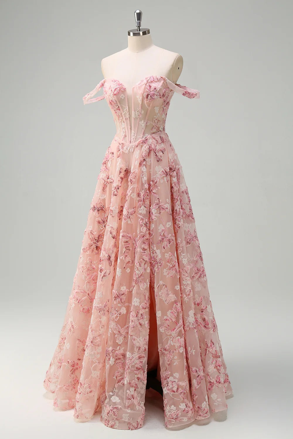 Blush Pink Off-the-Shoulder 3D Floral Embroidered Tulle Gown
