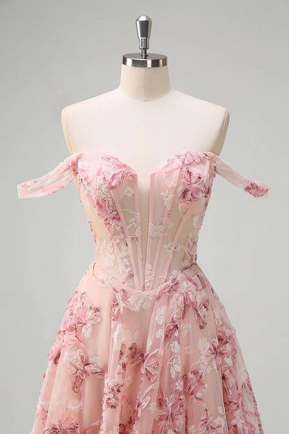 Blush Pink Off-the-Shoulder 3D Floral Embroidered Tulle Gown