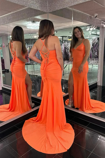 Bold Mermaid V-Neck Spaghetti-Strap Lace-Up-Back Floor-Length Evening Dress
